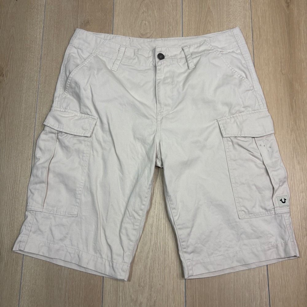 True Religion Mens Cargo Shorts Tan Khaki Cotton Utility Sz. 32 11.5" Inseam Y2K